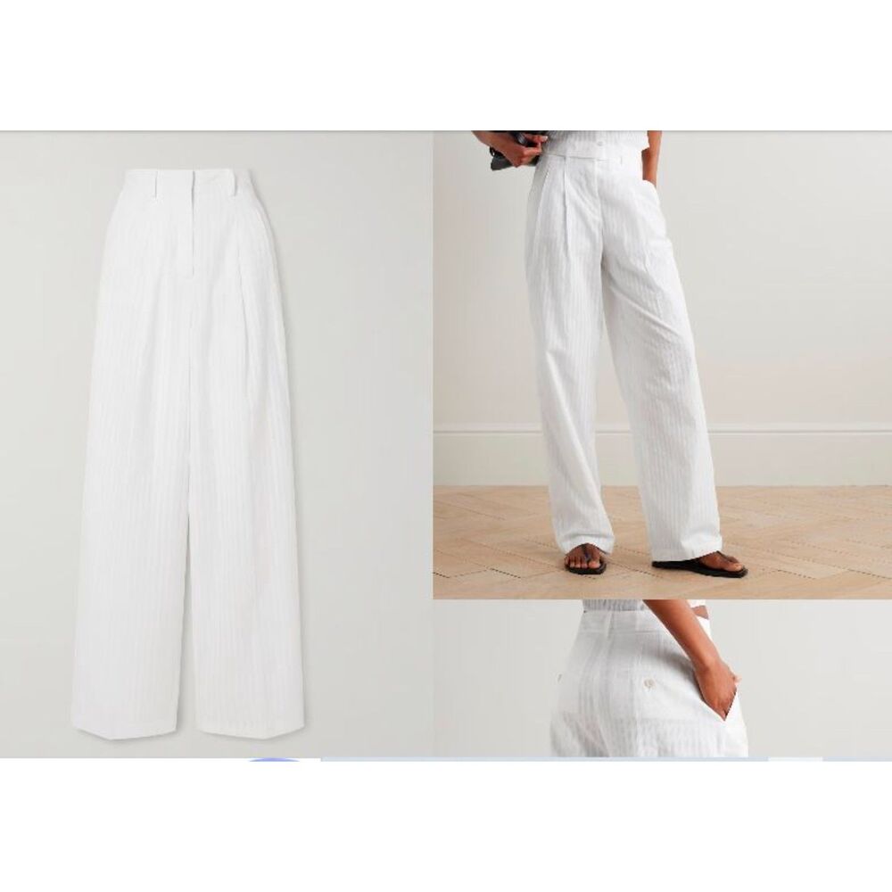 Theory Women's Pleated Cotton Jacquard Wide Leg Pants White Sz 14 NWT 335